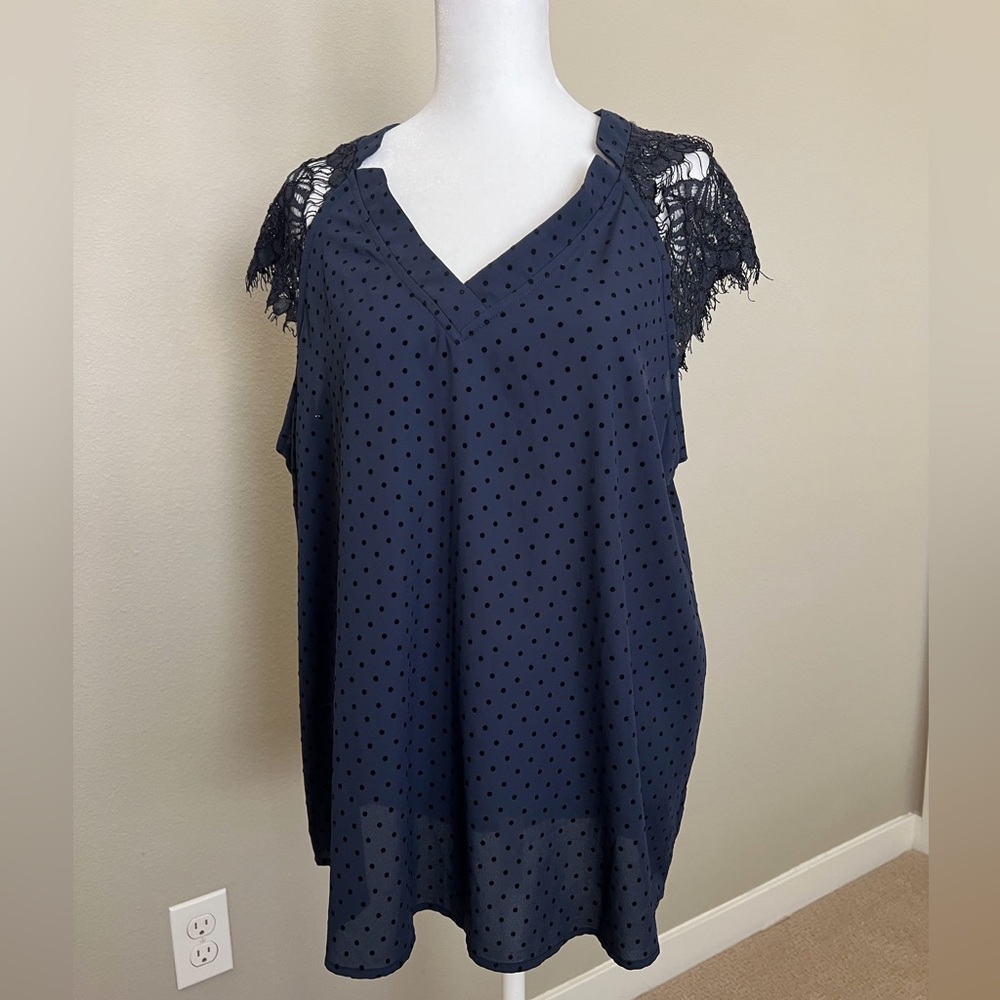 NWT Navy Blue Blouse with Lace Cap Sleeves
